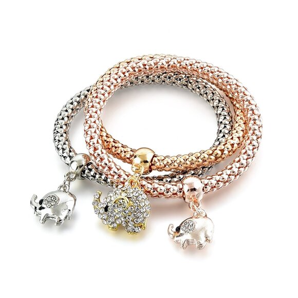Set of 3 Braided Metal Charm Bracelets with Crystal Elephant Pendants - Picture 9 of 14